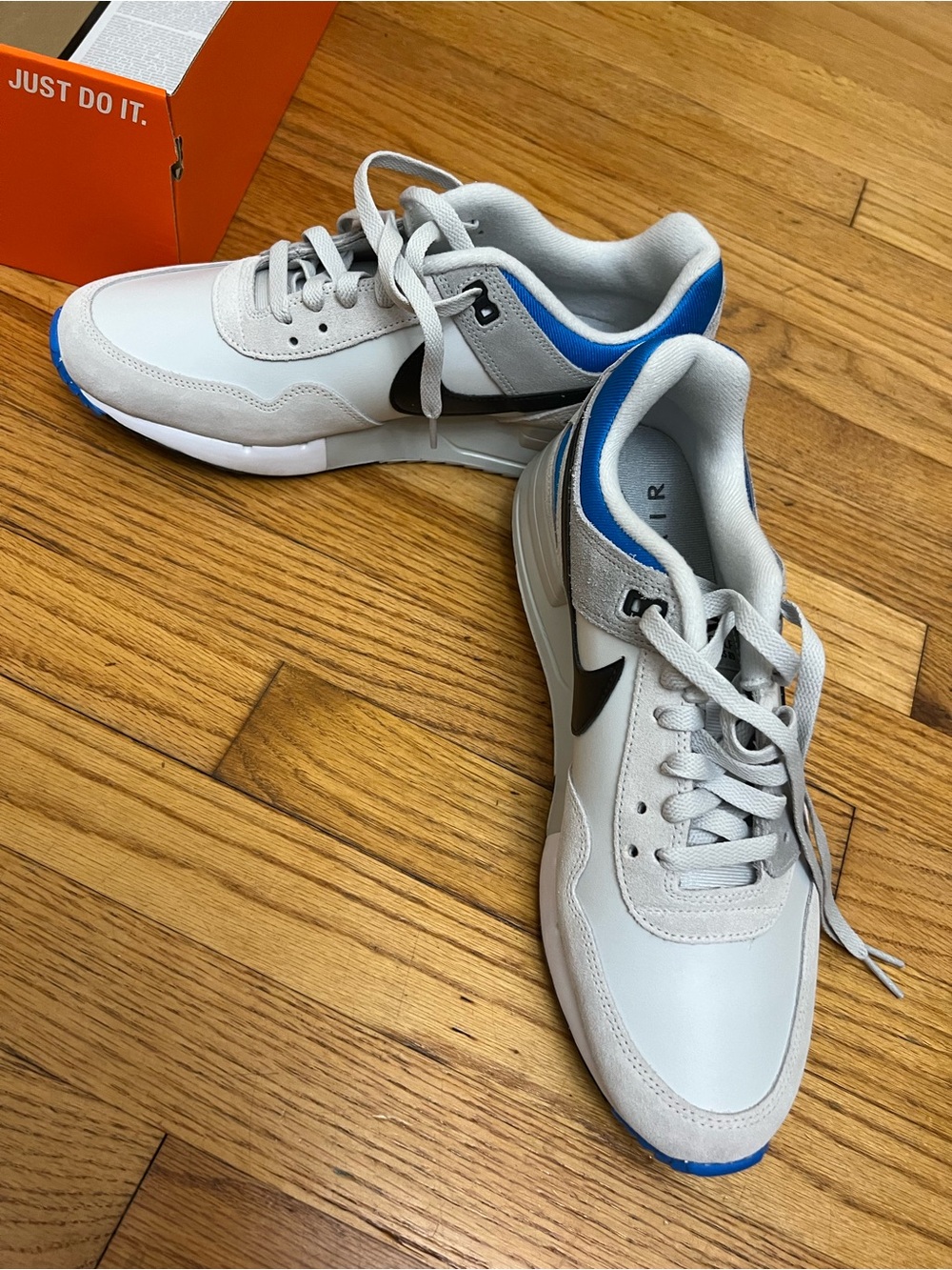 Nike Men’s White and Blue Low-Top Sneakers with Black Swoosh